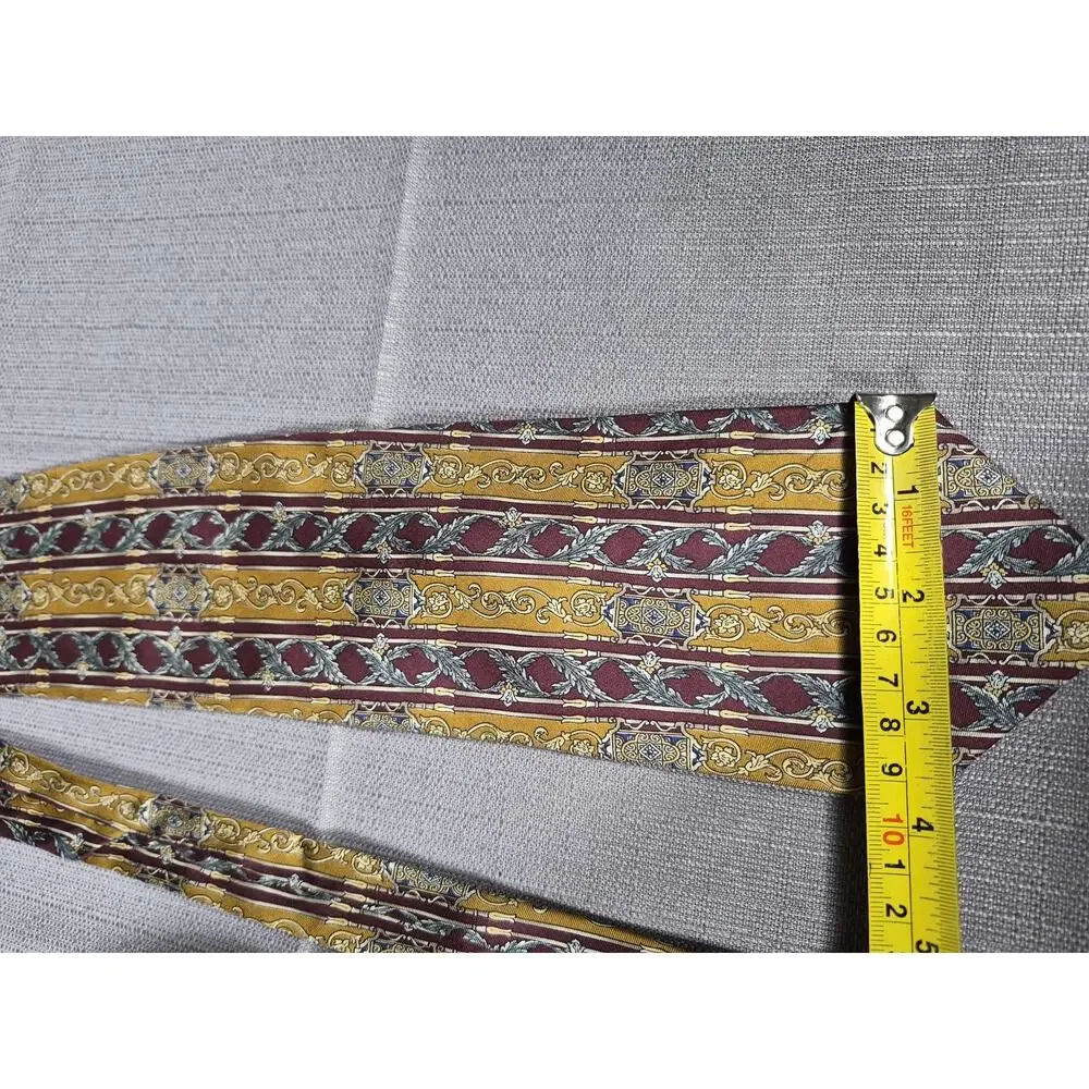 Bill Blass Tie Mens Silk Necktie Gold Burgundy Stripe Baroque Scroll Classic
